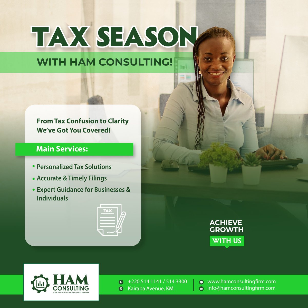 ConsultingHam's tweet photo. TAX SEASON IS HERE!
Say goodbye to tax confusion and let Ham Consulting guide you to clarity!
📷 Personalized Tax Solutions
📷 Accurate &amp; Timely Filings
📷 Expert Guidance for Businesses &amp; Individuals
📷 Achieve growth with us today! https://t.co/zqORAivn2m