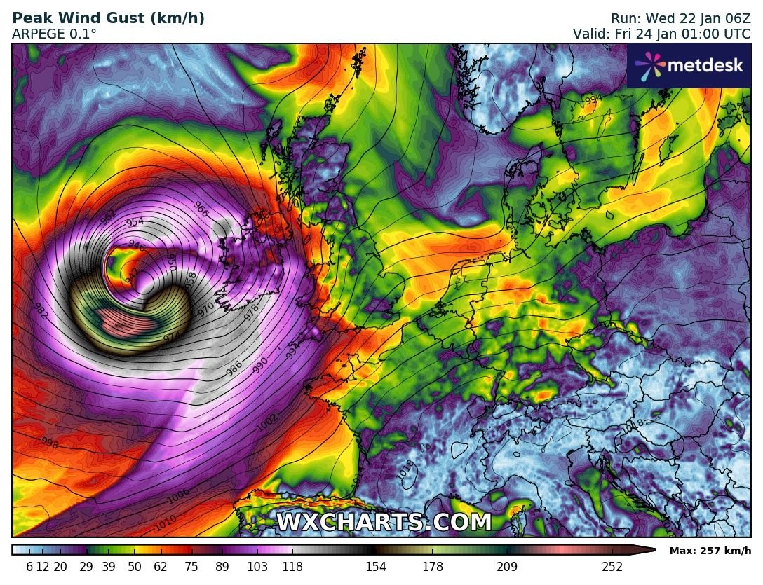 severeweatherEU's tweet photo. On Friday, an extremely dangerous storm, #Eowyn, will impact Ireland and the UK. Powerful hurricane-force winds are likely for the Irish west coast.

Read forecast details: https://t.co/g1uYupabCt https://t.co/ML9DLFOUyC