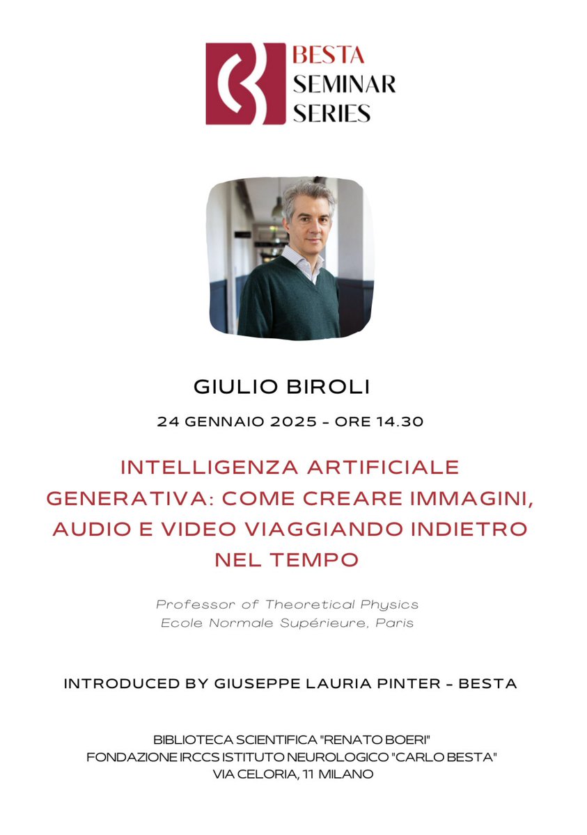 Istituto Neurologico Carlo Besta (@neurobesta) on Twitter photo We are pleased to announce the second session of the โBESTA SEMINAR SERIESโ with <a href="/GiulioBiroli/">Giulio Biroli</a> . The seminar will be introduced by Giuseppe Lauria Pinter, Scientific Director of the Besta Institute.
๐๏ธ Friday, January 24th
โ๏ธ 2:30 p.m.
๐Biblioteca Scientifica โRenato Boeriโ We are pleased to announce the second session of the โBESTA SEMINAR SERIESโ with <a href="/GiulioBiroli/">Giulio Biroli</a> . The seminar will be introduced by Giuseppe Lauria Pinter, Scientific Director of the Besta Institute.
๐๏ธ Friday, January 24th
โ๏ธ 2:30 p.m.
๐Biblioteca Scientifica โRenato Boeriโ