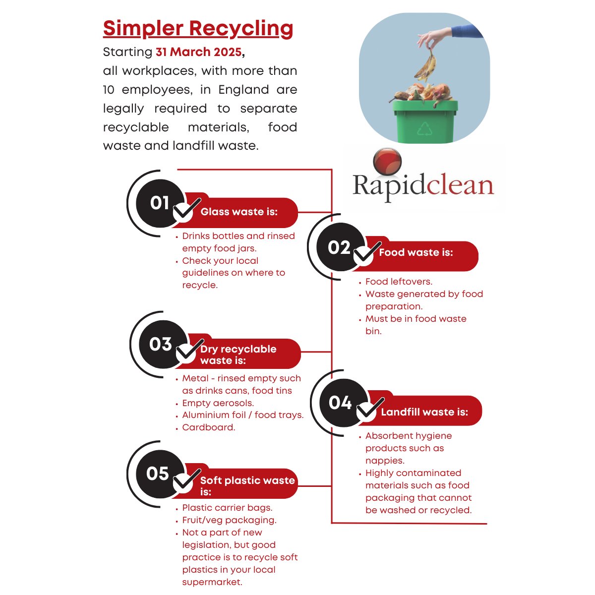 With new legislation coming into place at the end of March 2025, businesses will need be prepared to separate waste accordingly to avoid facing financial penalties. 💲 😬 Check your local guidelines to ensure you're disposing of waste in the right way . ♻🌍