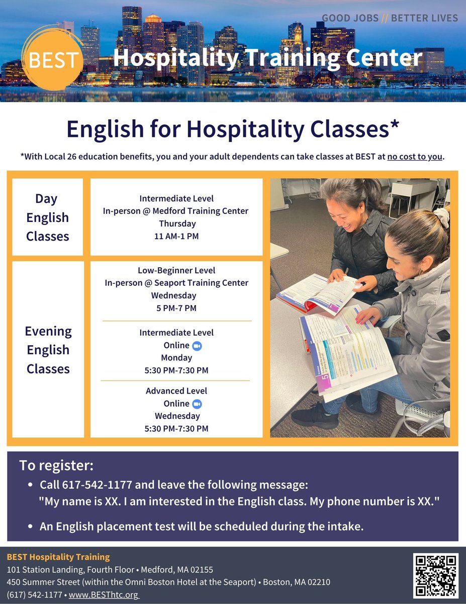 BESTCorpHTC's tweet photo. Calling all @UNITEHERE26 members! Enrollment is now open for our English, Computers, Spanish, and U.S. Citizenship Prep classes. Don’t miss this opportunity to enhance your #skills —register today! https://t.co/LiaoQKXnq9