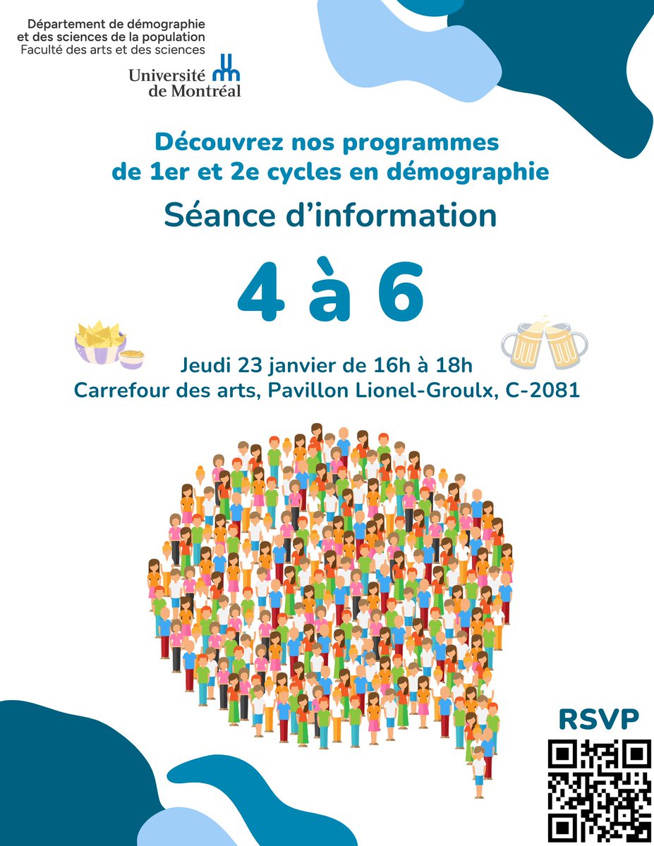 📢Venez au Département de démographie et des sciences de la population ce jeudi, le 23 janvier, de 16h00 à 18h00 pour découvrez nos programmes de 1er et 2e cycles en démographie.