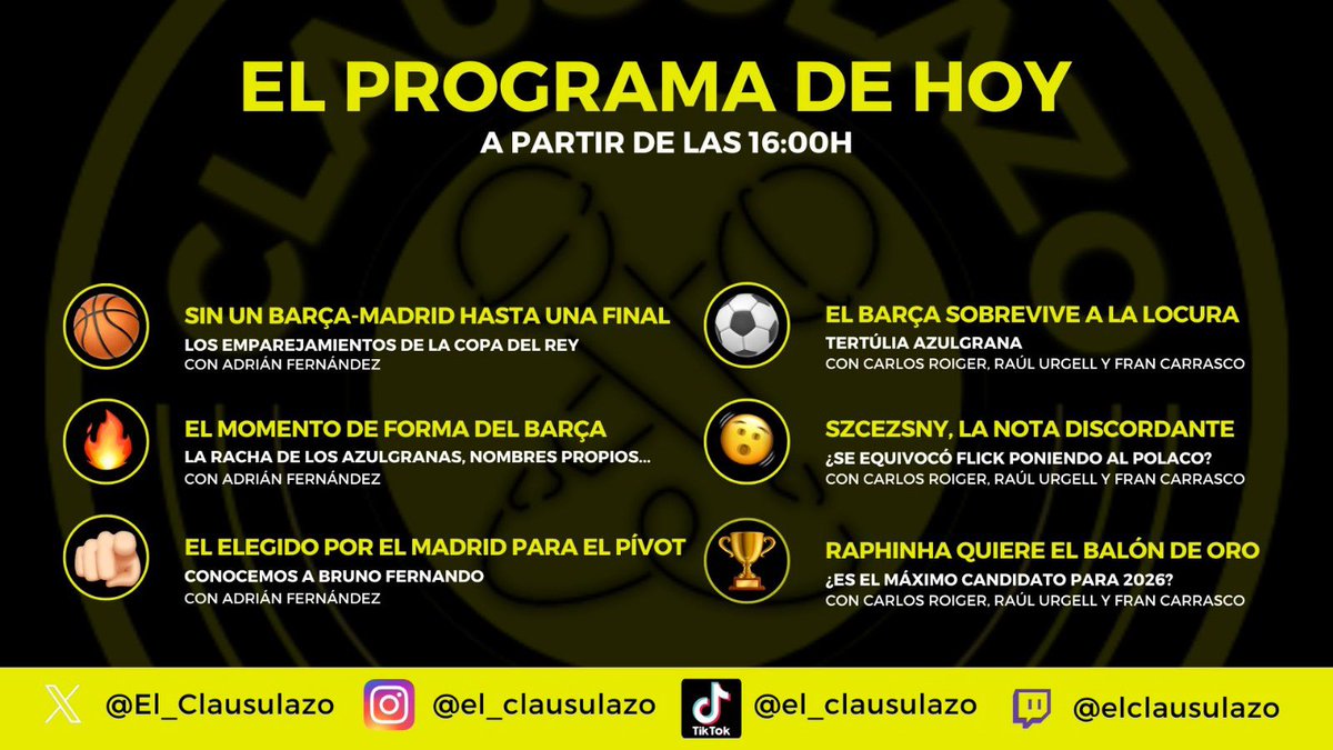 ‼️PROGRAMA #42

🏀 SORTEO COPA DEL REY | con <a href="/Adripubill/">Adrian Rodriguez</a>
 
🤯 EL BARÇA SOBREVIVE A LA LOCURA | #BenficaBarça 

🗣️ TERTULIA DE LA PORTERÍA 🔵🔴 | con <a href="/CarlosRoiger/">Carlos Roiger</a>, <a href="/raulurgell_/">Raúl Urgell</a> y Fran Carrasco

🚨A PARTIR DE LAS 16.00H en twitch.tv/elclausulazo