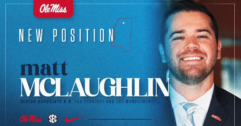 OleMissSports's tweet photo. Ole Miss Creates Leadership Role For Student-Athlete NIL, Revenue Sharing with Matt McLaughlin shifting from his senior administrative role with the Ole Miss Athletics Foundation to a new title of Senior Associate A.D. for Strategy and Cap Management.

#HottyToddy