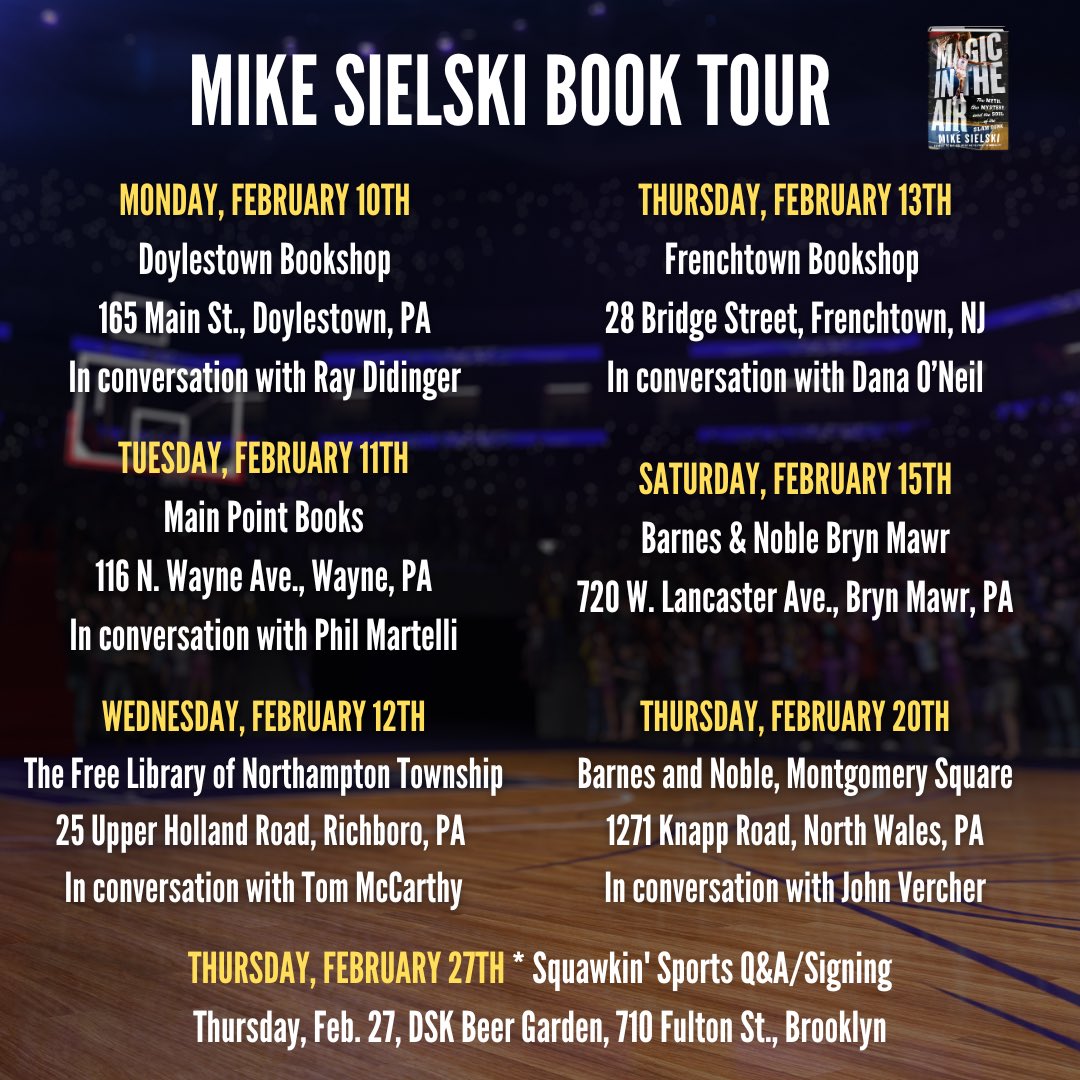 After the #Eagles have lifted or broken everyone’s heart, would love to see you at one of these book tour events. I GOT MOUTHS TO FEED, PEOPLE. 😜 Ray Didinger, ⁦<a href="/PhilMartelli/">Phil Martelli</a>⁩, ⁦<a href="/TMacPhils/">Tom McCarthy</a>⁩, ⁦&amp; <a href="/DanaONeilWriter/">Dana O'Neil</a>⁩ will join me. Any questions, fire away. Thanks!