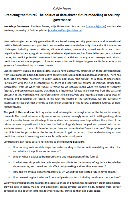 Our #EWIS <a href="/eisa/">eisa</a> CfP is online. <a href="/AnwarTasniem/">Tasniem Anwar</a> and I will convene a workshop on 'Predicting the future? The politics of data-driven future modelling in security governance'. Send us your abstract until 11 Feb and join us in beautiful Krakow in July! 
eisa-net.org/abstract-submi…
