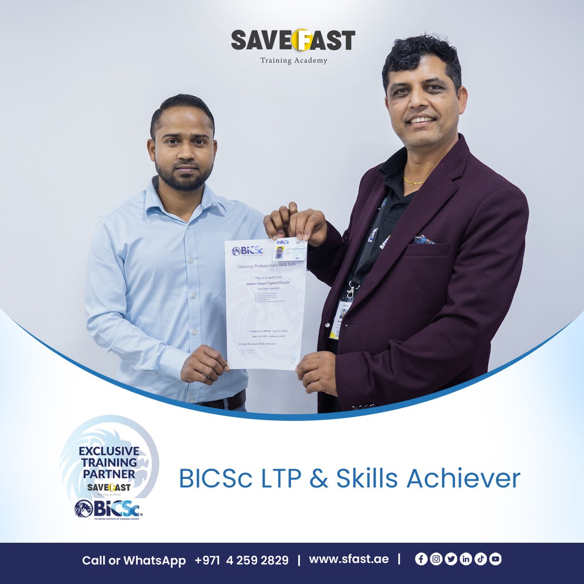 save_fast's tweet image. Congratulations Mr. Imran Ansari Tajmul Hussain for successful completion of The British Institute of Cleaning Science (BICSc) training and assessment on CPSS LTP and Skills.
@BICSc_UK 

Call or WhatsApp: +971 4 259 2829
Visit us:  lnkd.in/dU2XYxAB

#bicsc #achievements