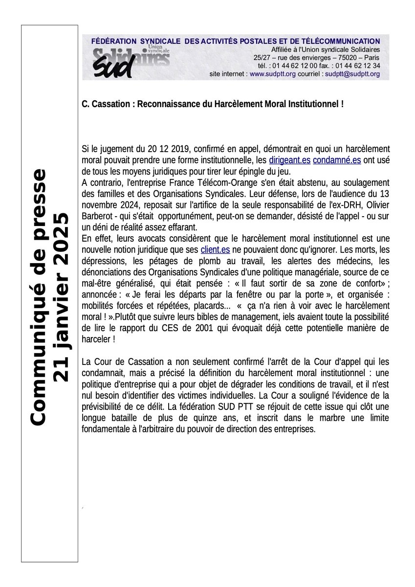 Procès Lombard : la Cour de Cassation  confirme la condamnation des cadres d'Orange qui ont mis en oeuvre le harcèlement institutionnel. La fédération Sud PTT, qui a largement participé au procès, se félicite de cette victoire ! Cette jurisprudence fait date !