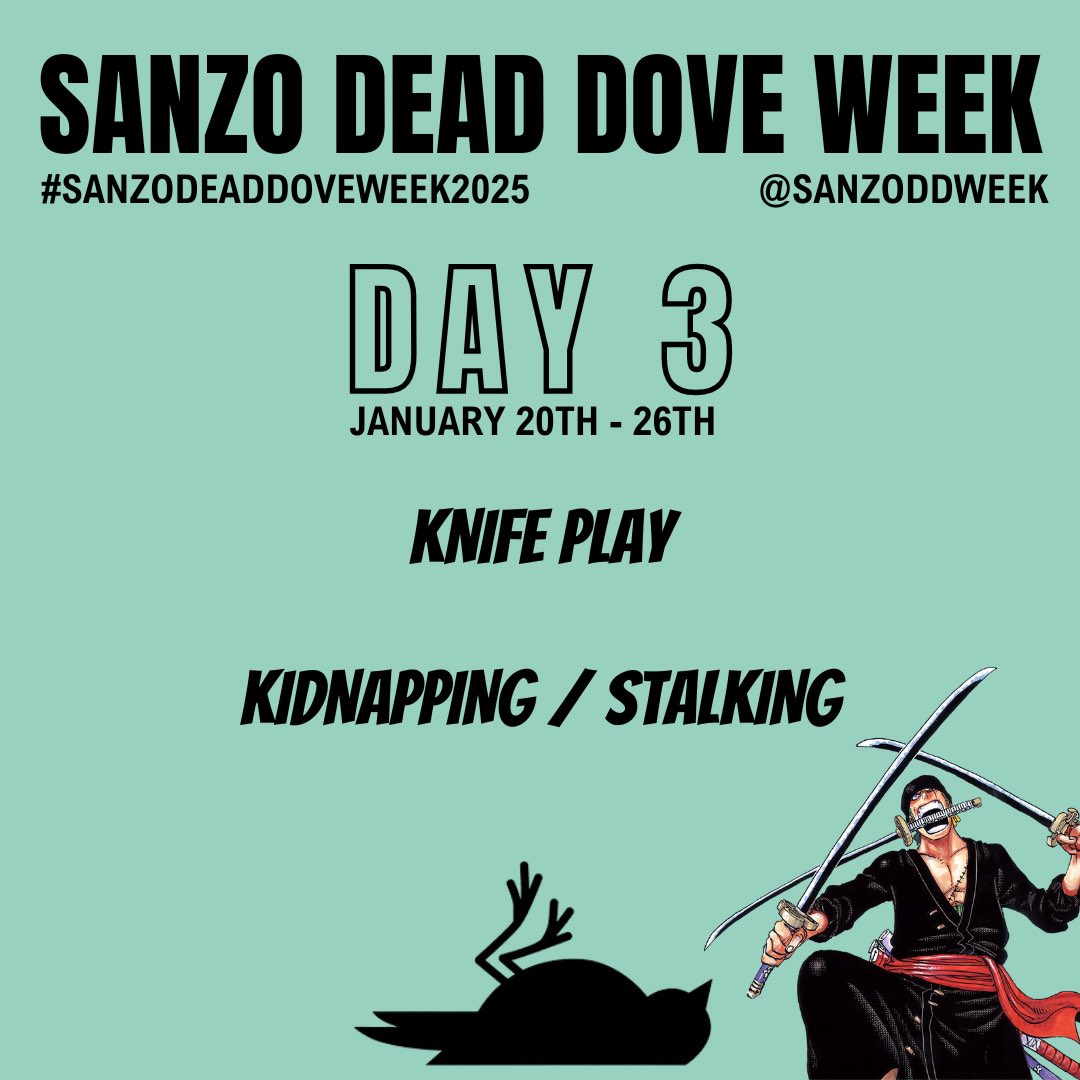 sanzoDDweek's tweet photo. Sharp objects are encouraged 😈

🔪🔪🔪

DAY 3

Knife Play  / kidnapping &amp; stalking  

#sanzodeaddoveweek2025

(Don’t forget to @ us so we can share your works 🥰) https://t.co/YdPYOelhXM