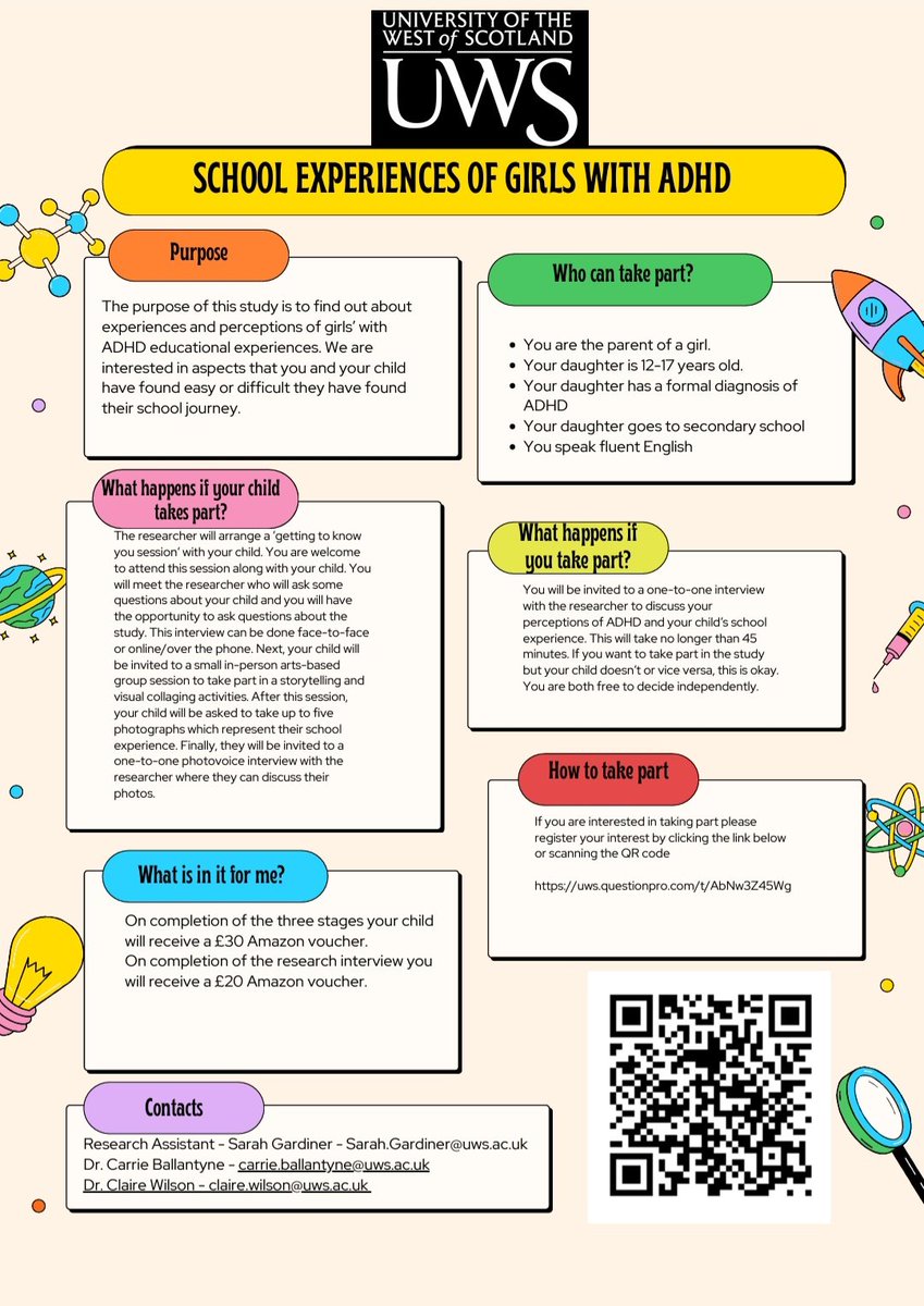 Sarah Gardiner (@sarahrgardiner) on Twitter photo Hi everyone,
If you have a daughter aged 12-17 in secondary school diagnosed with ADHD please consider taking part in the below study.
To register interest please click the link below:
uws.questionpro.com/t/AbNw3Z45Wg
Only 4 slots left! <a href="/UWS_Psychology/">UWS_Psychology</a> <a href="/CBallantynePsyc/">Dr Carrie Ballantyne</a> <a href="/clairewUWS/">Dr Claire Wilson</a> Hi everyone,
If you have a daughter aged 12-17 in secondary school diagnosed with ADHD please consider taking part in the below study.
To register interest please click the link below:
uws.questionpro.com/t/AbNw3Z45Wg
Only 4 slots left! <a href="/UWS_Psychology/">UWS_Psychology</a> <a href="/CBallantynePsyc/">Dr Carrie Ballantyne</a> <a href="/clairewUWS/">Dr Claire Wilson</a>