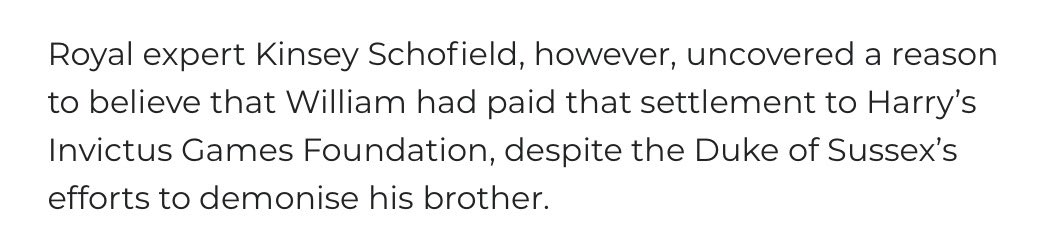 Derangers are asking if he Harry will donate his settlement to charity ‘like William’.
 The public weren’t aware William had settled with NGN until it was revealed in Harry’s court case!
The ‘Willi donated it to charity’ story came from Angela Levin &amp; Kinsey Schofield. 🤦‍♀️