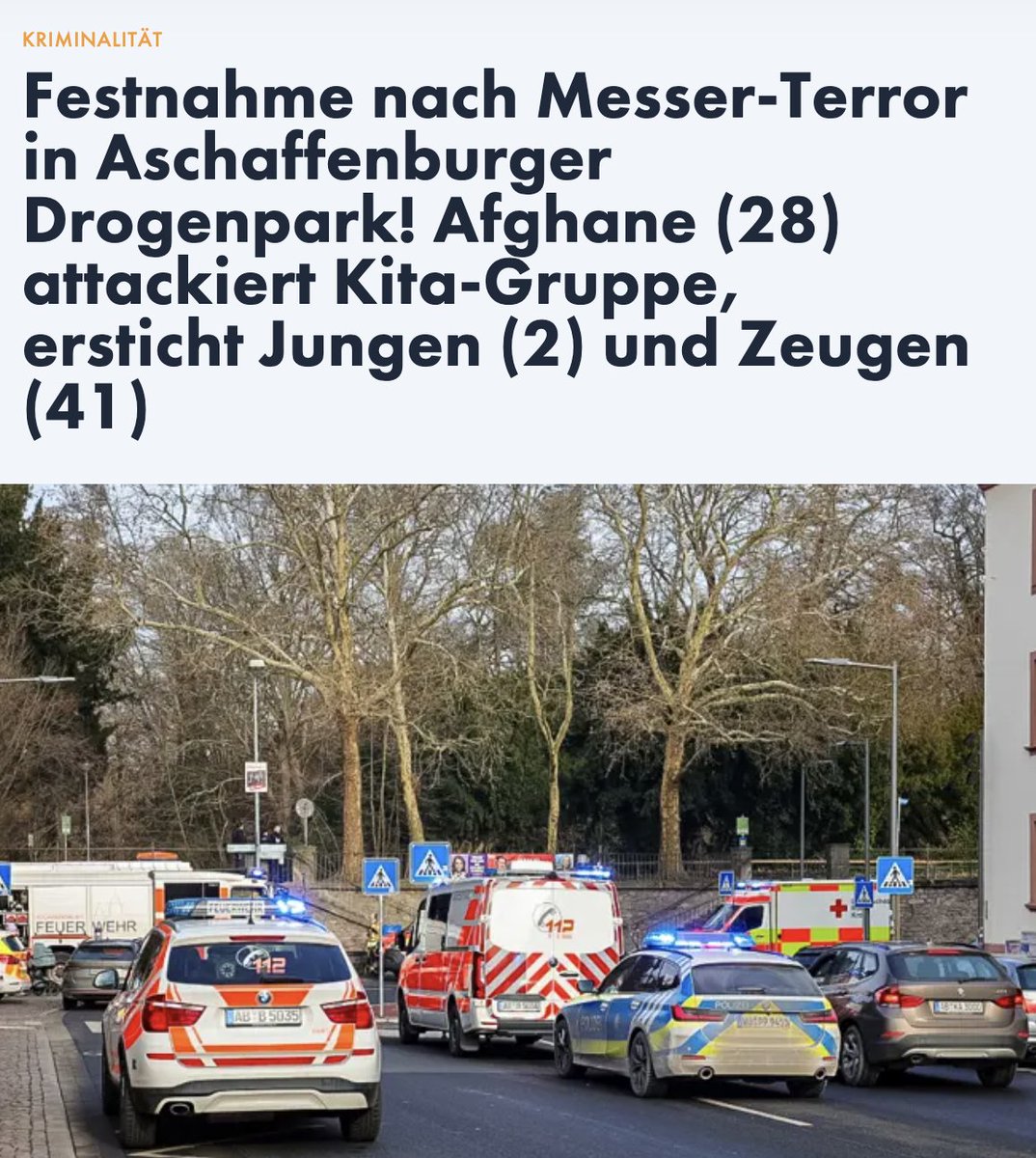 Im CSU-regierten Bayern tötet ein Afghane in Aschaffenburg ein Kleinkind (2) sowie einen Helfer (41), der dem Kind zur Hilfe eilte. Zuvor hatte der Afghane die Kita-Gruppe des Kindes verfolgt. Meine Gedanken sind bei den Angehörigen &amp; Verletzten. Remigration jetzt!