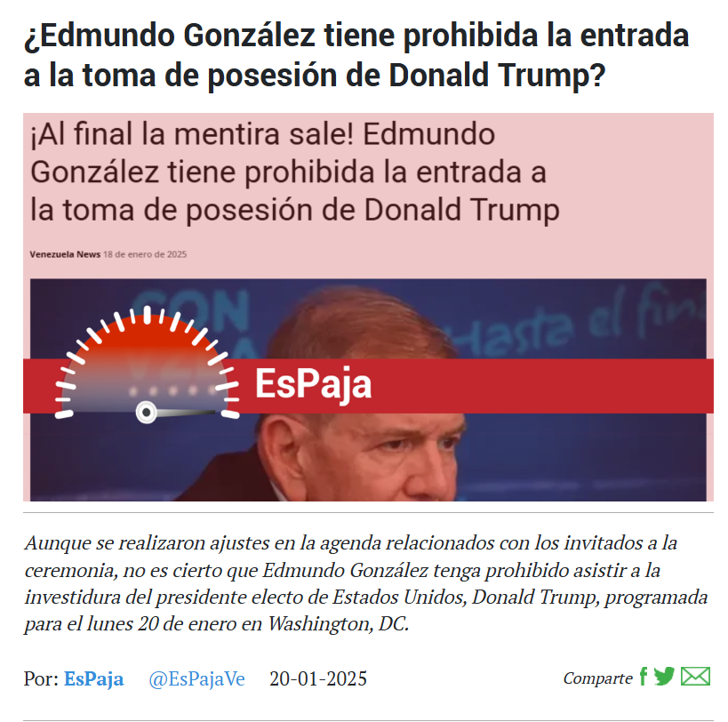 #22Ene 💬❌ ¿A Edmundo González le prohibieron la entrada a la toma de posesión de Donald Trump?

Aunque se realizaron ajustes en la agenda relacionados con los invitados a la ceremonia, no es cierto que a Edmundo González le negaron la entrada a la investidura del presidente
