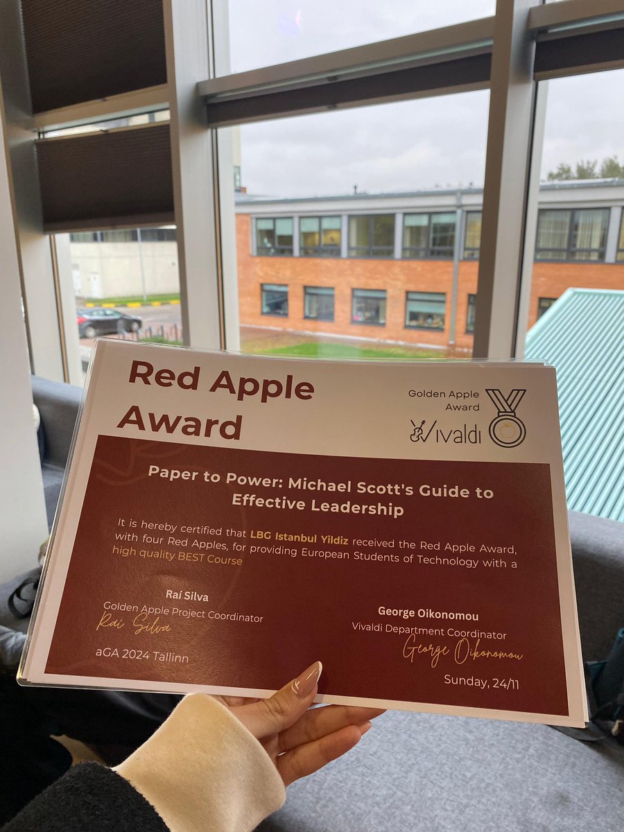 BESTYildiz's tweet photo. This year, as LBG Istanbul Yildiz, we were deemed worthy of the Red Apple Award at Autumn General Assembly with our summer course, Paper to Power: Michael Scott’s Guide to Effective Leadership, for providing a high quality BEST Course. 🍎 https://t.co/fmwTv5ZkMH