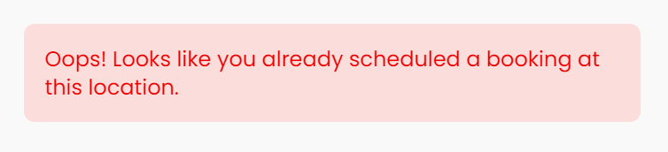 bedlem_'s tweet photo. @Clonesy_ Ok cool,
I get a red box error saying: Oops! Looks like you already scheduled a booking at this location.
And console has a response from the server saying: "This store guest already has the maximum number of  bookings", with error code: Customer already booked.
So not sure? https://t.co/cnppMtpEPw