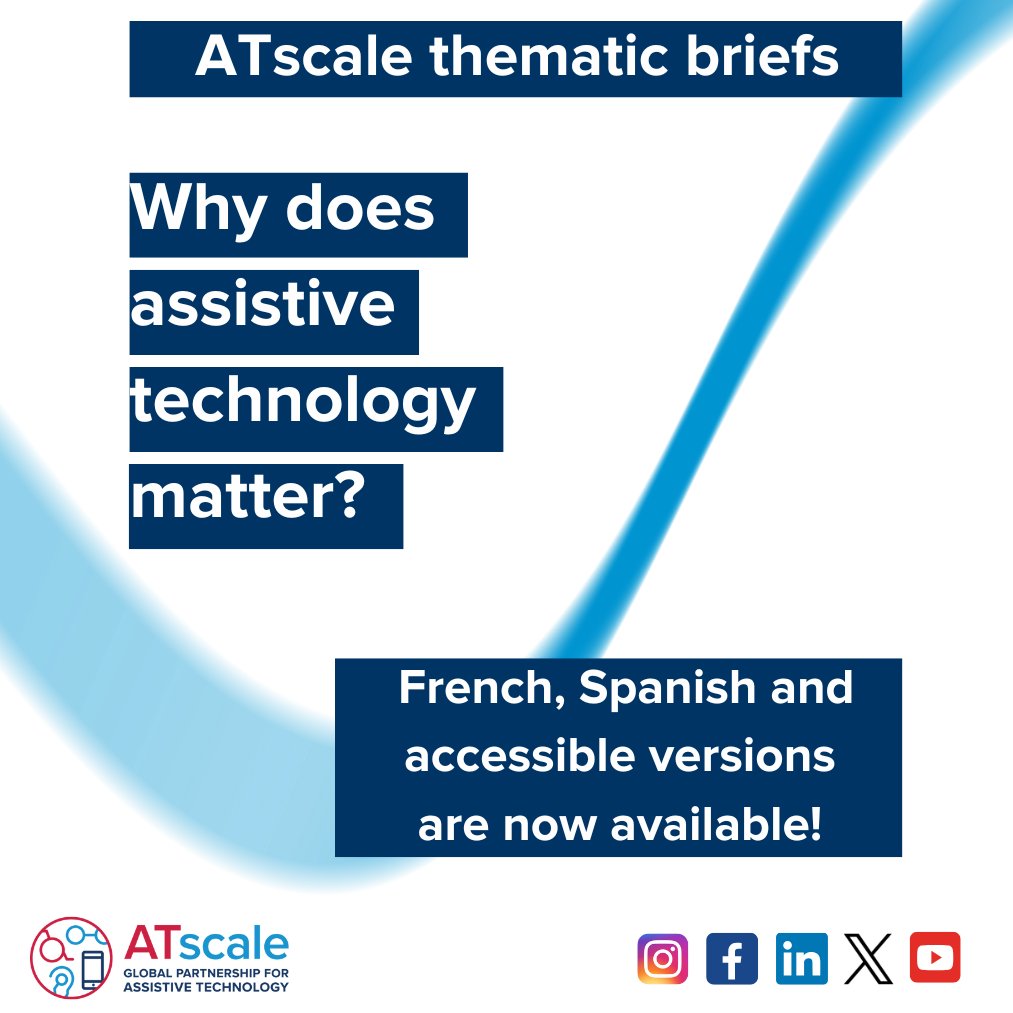 Why does #AssistiveTechnology matter for
👶 #ECD
📚 #InclusiveEducation 
💼 #Livelihoods 
🌍 #UHC
🚨 #Humanitarian contexts
👵 #HealthyAgeing
🌱 #Climate action❓

Read ATscale's thematic briefs! Now available in #French #Spanish &amp; accessible versions: ow.ly/hFoq50UL39A