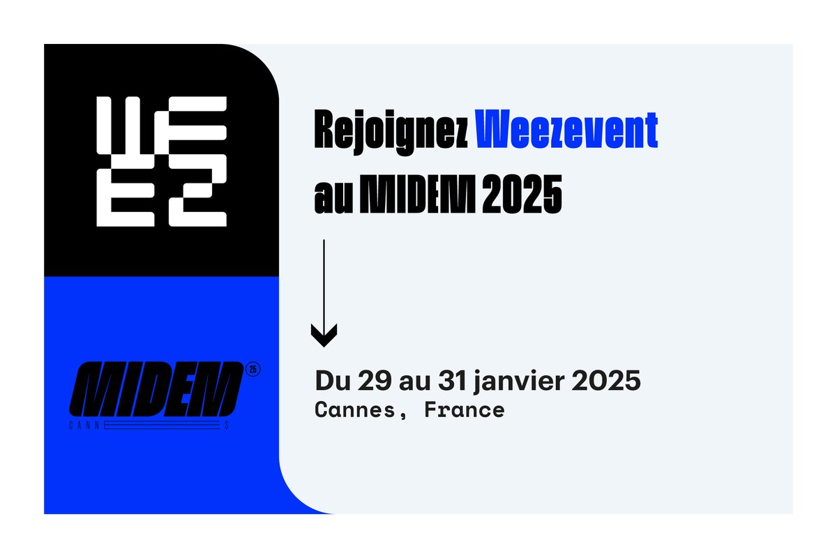 🎵 Weezevent au <a href="/midem/">MIDEM</a> 2025, du 29 au 31 janvier !

Retrouvez nous au MIDEM, le rendez-vous incontournable de l’industrie musicale à Cannes.

Rendez-vous sur notre stand pour échanger et découvrir comment nos solutions vous aident dans votre organisation d'événements ! ✨
