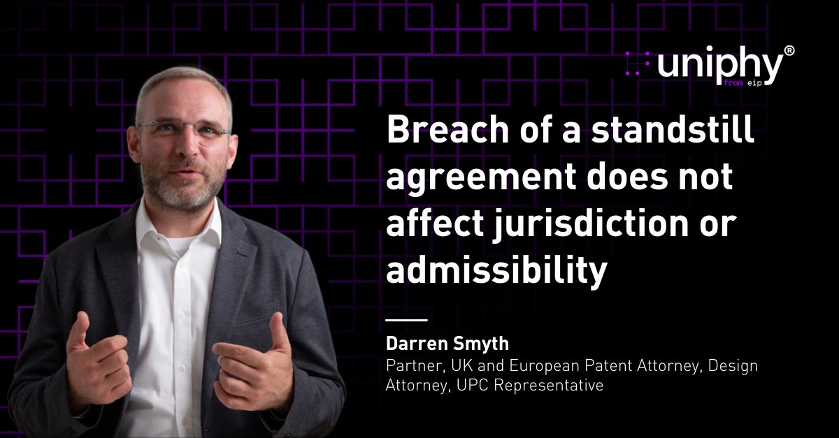 EIP (@eip) on Twitter photo The UPC has confirmed that breach of a standstill agreement between the parties does not deprive the Court of jurisdiction, nor does it render an action inadmissible. It can only give rise to liability for breach of contract.
<a href="/EIP_Knowledge/">Darren Smyth</a> reports - eip.com/uk/latest/arti⦠The UPC has confirmed that breach of a standstill agreement between the parties does not deprive the Court of jurisdiction, nor does it render an action inadmissible. It can only give rise to liability for breach of contract.
<a href="/EIP_Knowledge/">Darren Smyth</a> reports - eip.com/uk/latest/artiβ¦