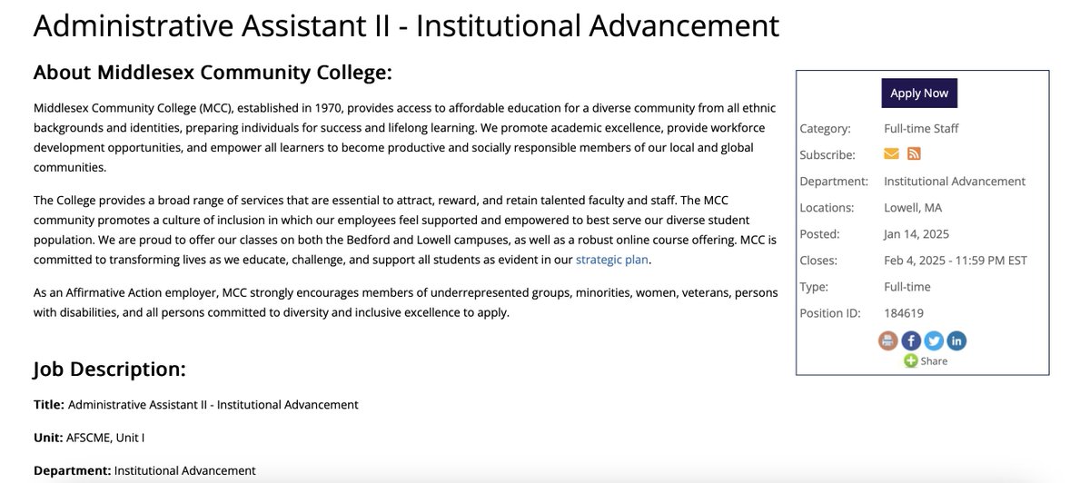 <a href="/middlesex_cc/">MiddlesexCommCollege</a> is hiring for a new Administrative Assistant II - Institutional Advancement!

Interested? Apply here: middlesex.interviewexchange.com/jobofferdetail…