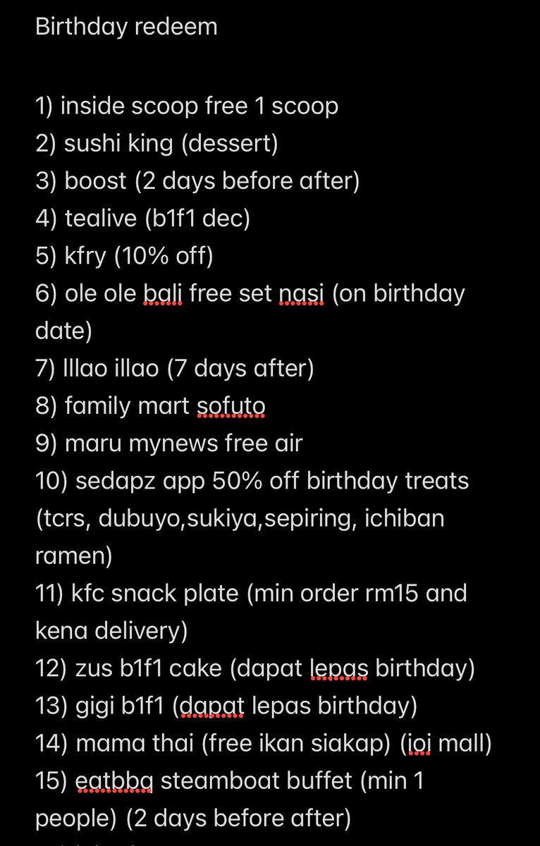yashukiou's tweet photo. @IzzraifHarz If you’d like to redeem more birthday treats, here’s my list! https://t.co/9ZYN7Rgkr1