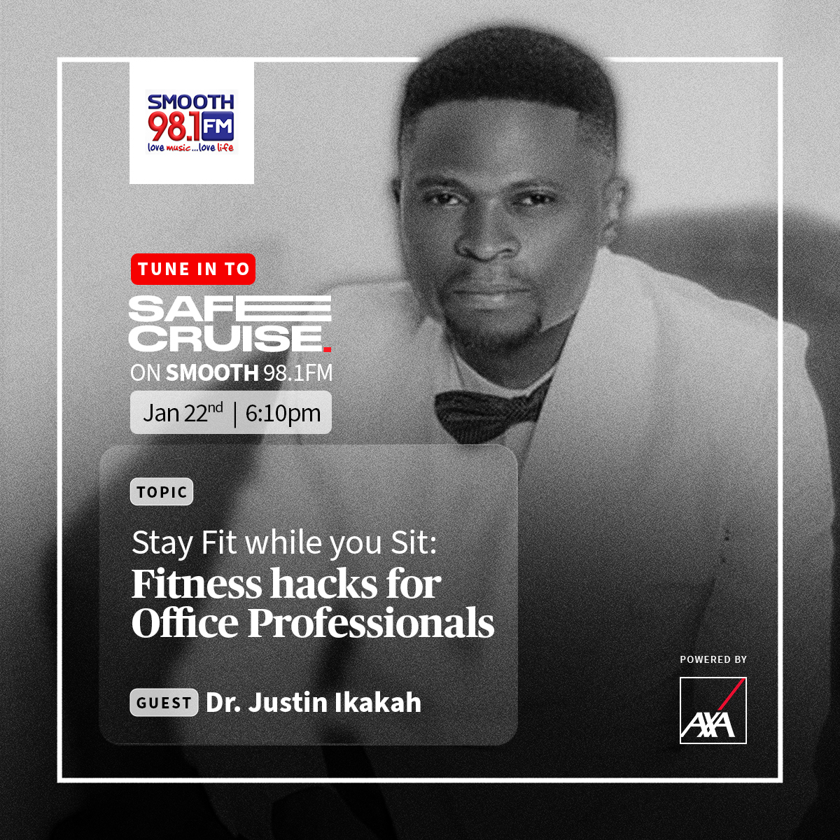 We're back with another exciting episode of Safe Cruise where Dr. Justin Ikakah will be sharing tips on how office professionals can stay fit without it affecting your work hours.

Stay Tuned and don't miss out!
#AXAMansard #knowyoucan