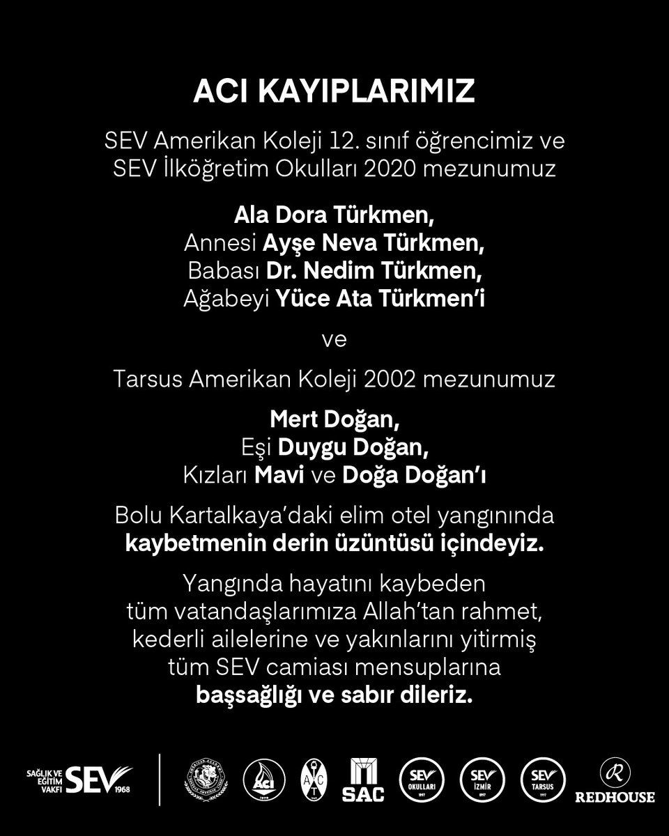 Yangında hayatını kaybeden tüm vatandaşlarımıza Allah’tan rahmet, kederli ailelerine ve yakınlarını yitirmiş tüm SEV camiası mensuplarına başsağlığı ve sabır dileriz.