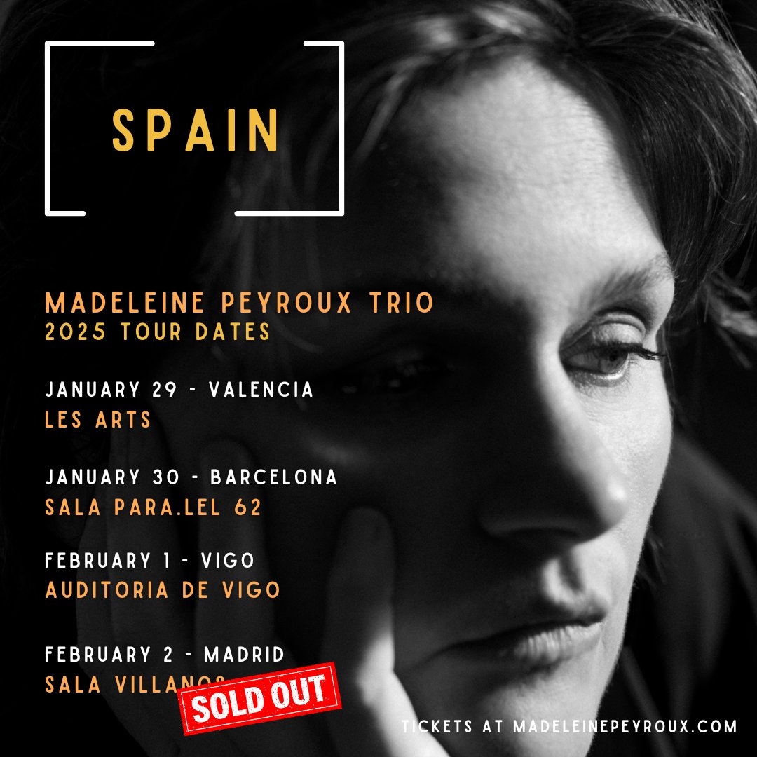 SPAIN! Only 1 week left until I visit your beautiful country to play 4 shows - and only 3 shows have tickets remaining!!

Get your tickets at madelelinepeyroux.com

#spain #madeleinepeyroux #tickets