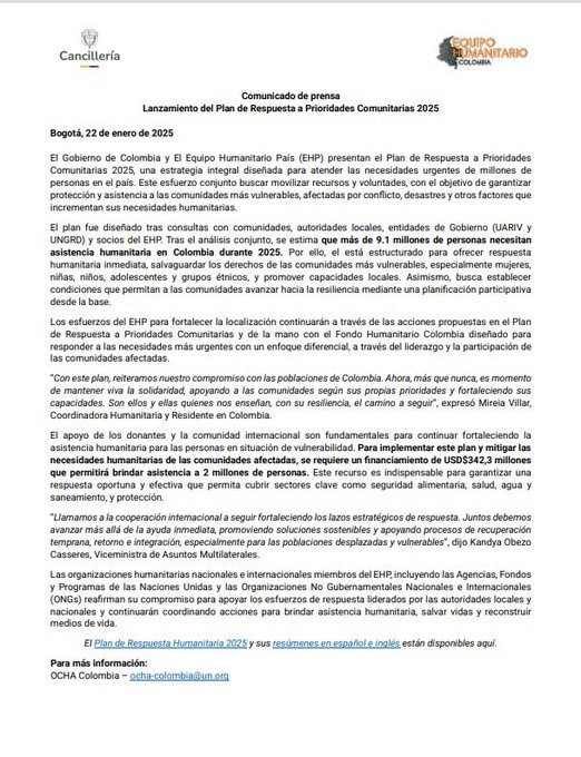 onucolombia's tweet photo. El Gobierno de 🇨🇴 y la comunidad humanitaria presentan el Plan de Respuesta a Prioridades Comunitarias 2025, que se enfocará en atender las necesidades urgentes de 2M de personas que enfrentan desafíos humanitarios. 

#LaComunidadPrimero   

Comunicado: https://t.co/uWSFTzLFCR https://t.co/J4YxCsb4lr