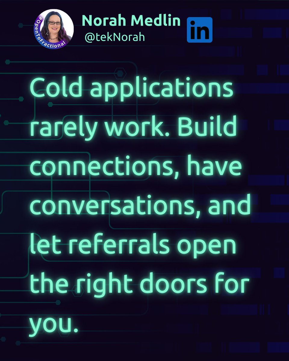 Cold applications rarely work. 🤷‍♀️ Build connections, have conversations, and let referrals open doors. Networking is the key to standing out in today’s job market. #JobSearch #NetworkingTips