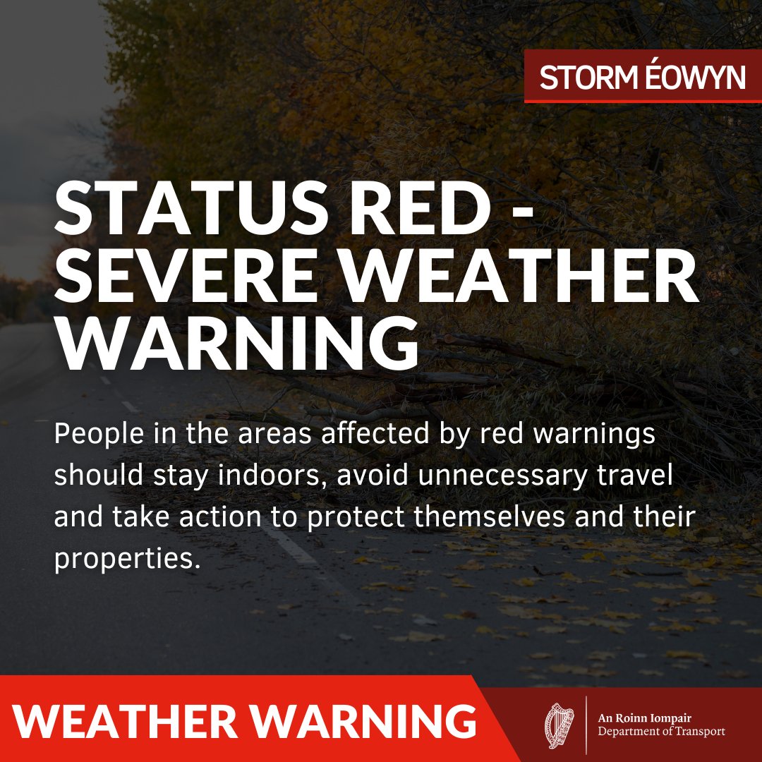 🔴⚠️ Storm Éowyn - status red and orange wind warnings are in place across Ireland for Friday

Widespread disruption to public and other services is to be anticipated. Public transport does not operate in a red warning.

🔗 met.ie/warnings-frida…
