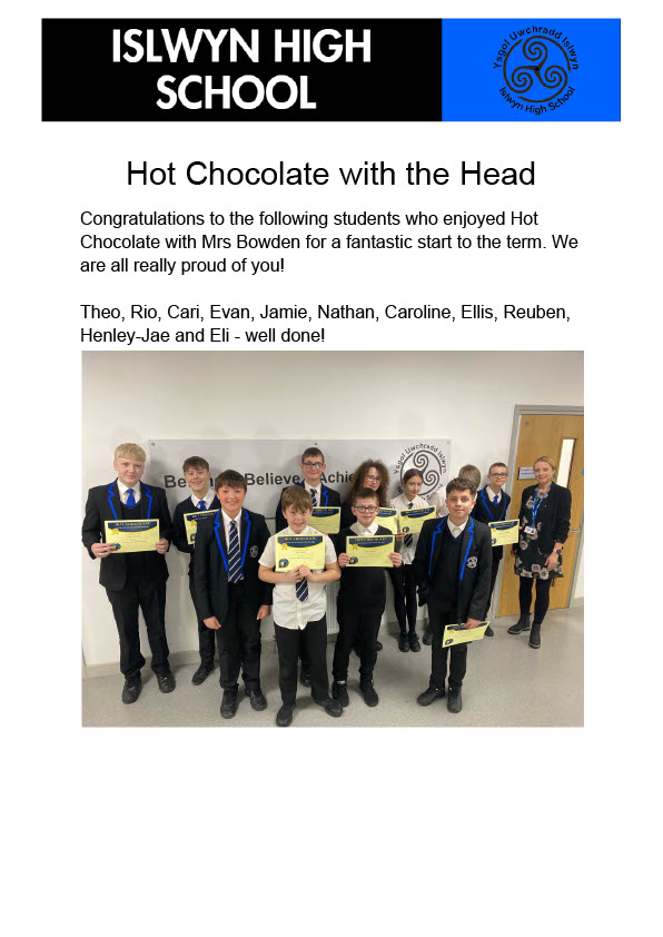 IslwynHigh's tweet photo. Congratulations to the below students on a fantastic start to the term. Well done/Da Iawn! #HotChocolateWithTheHead https://t.co/A9zgVsGRBY