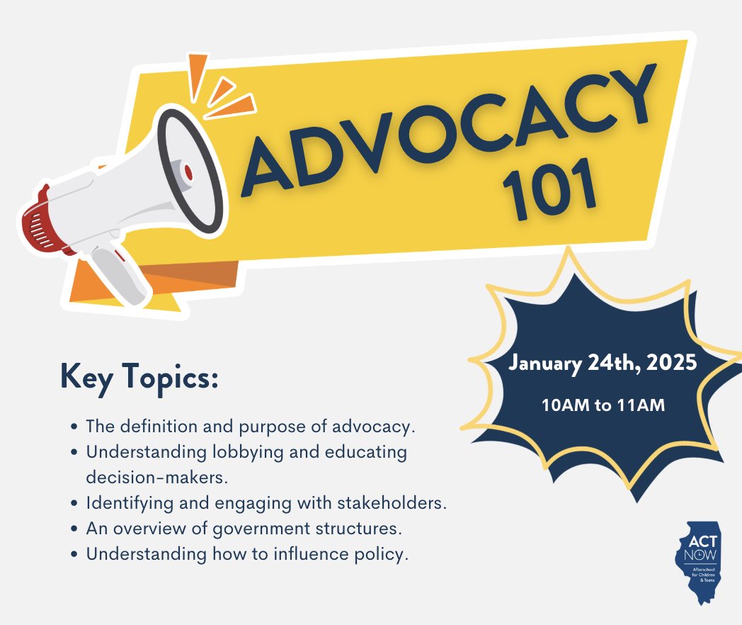IL ACT Now Coalition (@actnowcoalition) on Twitter photo 🚨Don't miss out!🚨 Join us on January 24th from 10AM-11AM for Advocacy 101, the first session in our Policy & Advocacy Training Series for the Out-of-School Time (OST) space! Learn more and register now: actnowillinois-org.zoom.us/meeting/regist… #Advocacy #OST #TakeAction #ACTNow 🚨Don't miss out!🚨 Join us on January 24th from 10AM-11AM for Advocacy 101, the first session in our Policy & Advocacy Training Series for the Out-of-School Time (OST) space! Learn more and register now: actnowillinois-org.zoom.us/meeting/regist… #Advocacy #OST #TakeAction #ACTNow