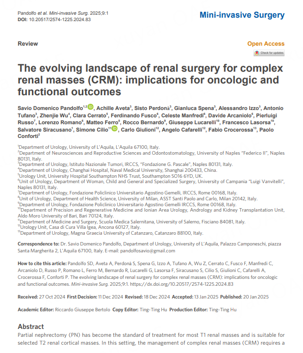 Mini-invasive Surgery (@minisurgery) on Twitter photo 🎉Newly Published: The evolving landscape of renal surgery for complex renal masses (CRM): implications for oncologic and functional outcomes
👨⚕️<a href="/PandolfoSD/">Savio Domenico Pandolfo</a>, <a href="/DrAchilleAveta/">Achille Aveta</a>, <a href="/GianlucaSpena/">Dr. Gianluca Spena</a>, <a href="/ale_izz/">Alessandro Izzo</a>, <a href="/wuzhenjie17/">Zhenjie Wu, MD, PhD</a>, <a href="/CerratoMd/">Clara Cerrato</a>, <a href="/ManfrediCeleste/">Celeste Manfredi</a> ...
🌐oaepublish.com/articles/2574-… 🎉Newly Published: The evolving landscape of renal surgery for complex renal masses (CRM): implications for oncologic and functional outcomes
👨⚕️<a href="/PandolfoSD/">Savio Domenico Pandolfo</a>, <a href="/DrAchilleAveta/">Achille Aveta</a>, <a href="/GianlucaSpena/">Dr. Gianluca Spena</a>, <a href="/ale_izz/">Alessandro Izzo</a>, <a href="/wuzhenjie17/">Zhenjie Wu, MD, PhD</a>, <a href="/CerratoMd/">Clara Cerrato</a>, <a href="/ManfrediCeleste/">Celeste Manfredi</a> ...
🌐oaepublish.com/articles/2574-…