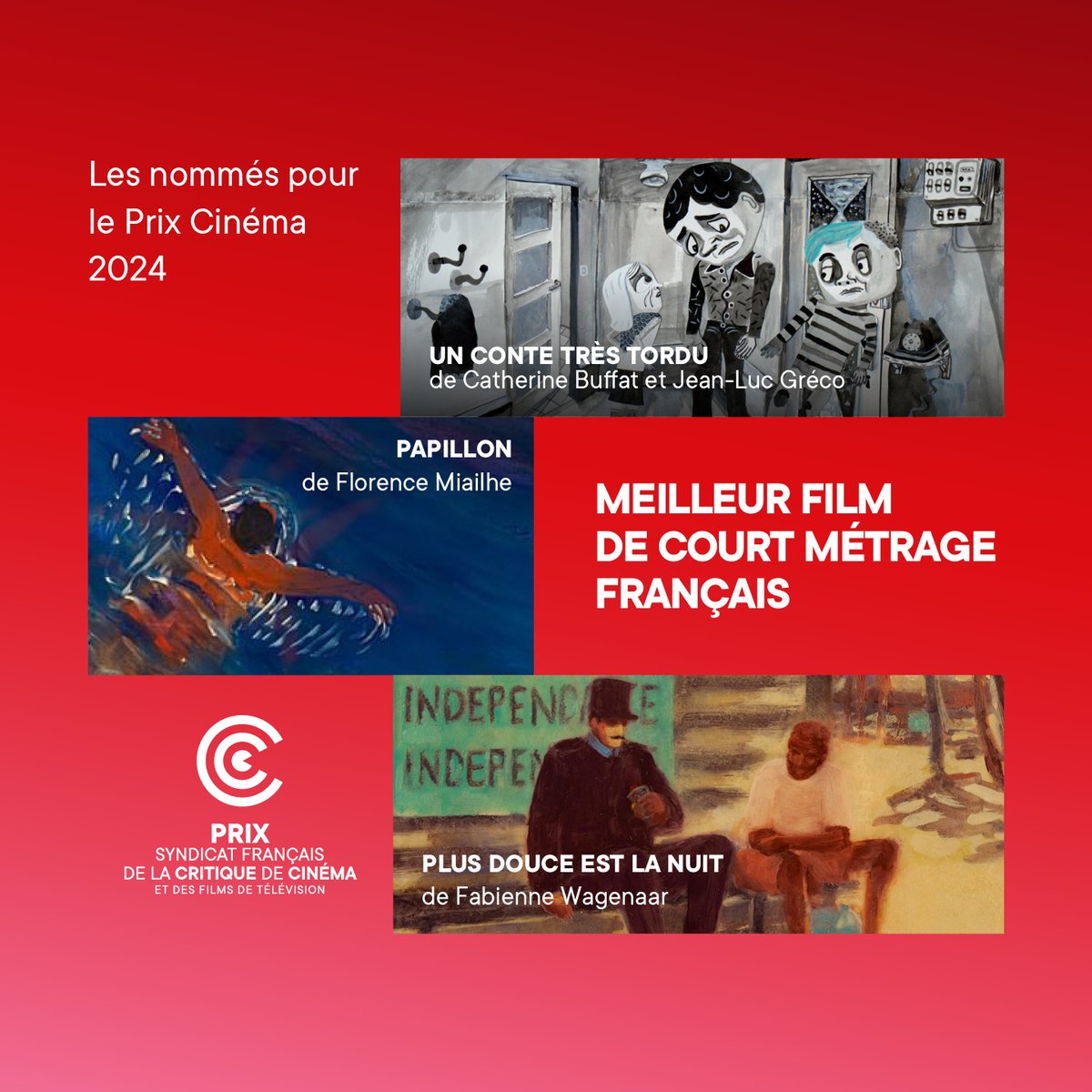 SFCCinema's tweet photo. ✨Les nommés pour le Prix #SFCC 2024 du Meilleur Film de Court Métrage sont UN CONTE TRÈS TORDU de Catherine Buffat et Jean-Luc Gréco, PAPILLON de Florence Miailhe et PLUS DOUCE EST LA NUIT de Fabienne Wagenaar !

🏆 Verdict le 10 février https://t.co/ogPFduTiT7