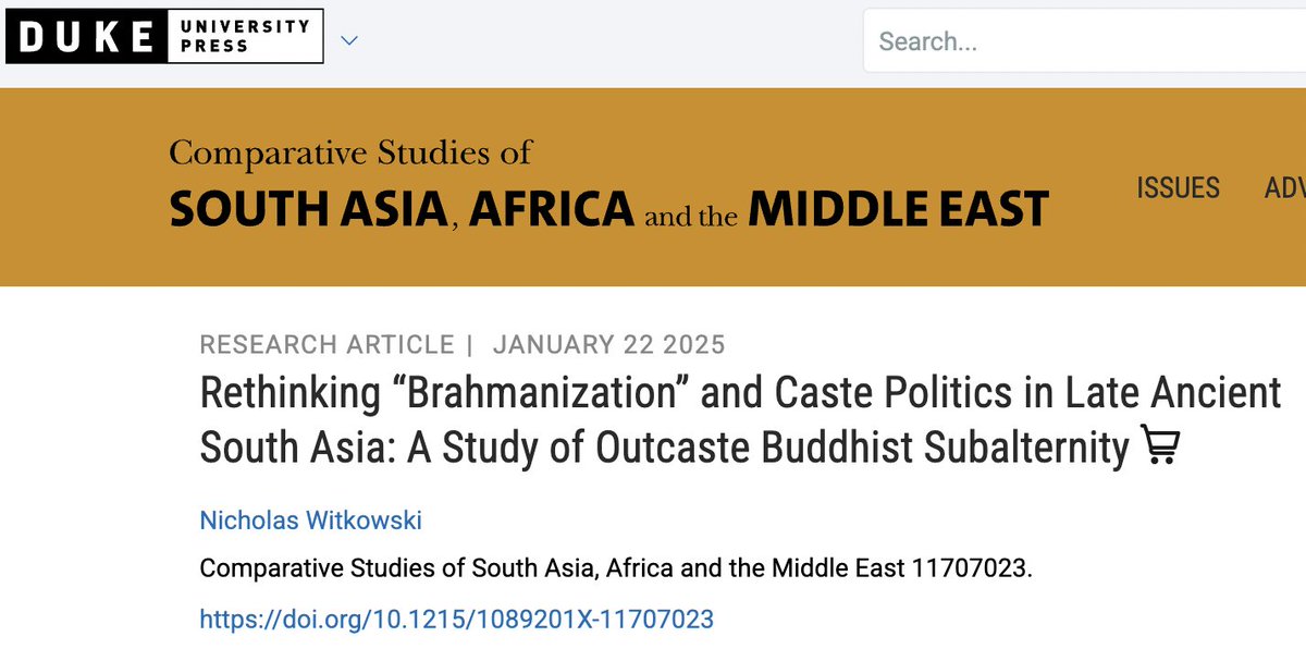 Nicholas Witkowski (@npwitkowski) on Twitter photo Proofs (w/ pagination) now available for my 2025 article, “Rethinking ‘Brahmanization’ and Caste Politics in Late Ancient South Asia: A Study of Outcaste Buddhist Subalternity” with #CSSAAME <a href="/DukePress/">Duke University Press</a>
Download here: tinyurl.com/2p8ycf6d
#monasticsubalterngovernmentalities Proofs (w/ pagination) now available for my 2025 article, “Rethinking ‘Brahmanization’ and Caste Politics in Late Ancient South Asia: A Study of Outcaste Buddhist Subalternity” with #CSSAAME <a href="/DukePress/">Duke University Press</a>
Download here: tinyurl.com/2p8ycf6d
#monasticsubalterngovernmentalities