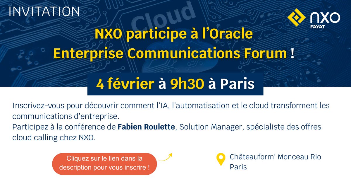 📢 <a href="/NXOFrance/">NXO France</a> sera à l’Oracle Enterprise Communications Forum le 4/02 à Paris !

🎤 À 10h15, Fabien Roulette expliquera comment réduire le coût des communications.

🎯 Infos &amp; inscriptions : lnkd.in/ekgy8taZ