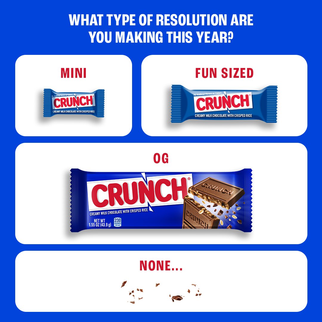 crunchbar's tweet image. Fun-size goals, mini goals, or none? (We see you crumbs only crowd ❤️) Whatever the size, CRUNCH is here to support it… or help you snack through it!

#NYE #resolutions #NYEresolutions #DryJanuary
