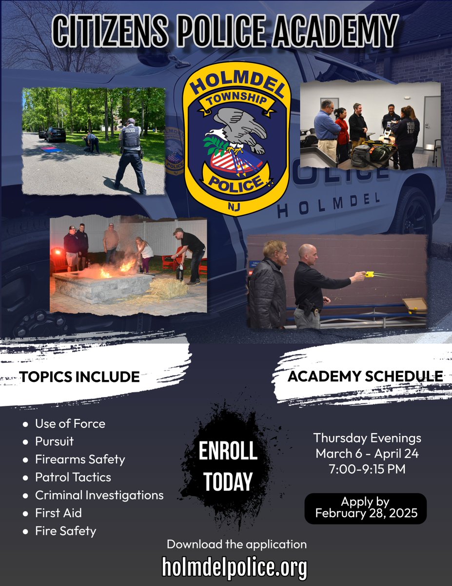 Holmdelpolice's tweet image. Holmdel Residents interested in joining the Citizens Police Academy should visit the website below for more information. Applications are due by 2/28/2025
holmdeltownship.com/777/Citizens-P…