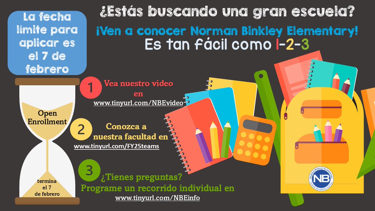 Are you looking for a great school?  Check out Norman Binkley!  It's as easy as 1-2-3
1. Watch our video at tinyurl.com/NBEvideo
2. Meet our faculty and staff at tinyurl.com/FY25teams
3. Schedule a personalized one-on-one tour at tinyurl.com/NBEinfo