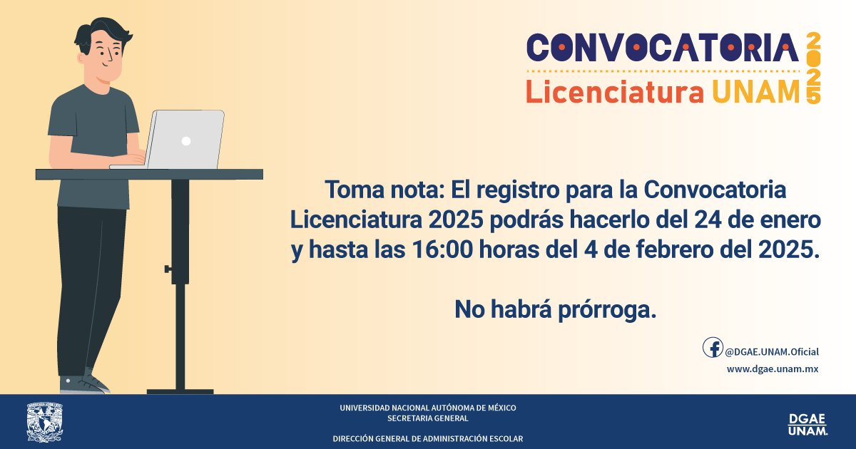 SUAyED_UNAM's tweet photo. 🎓✨ ¡Convocatoria UNAM 2025! ✨🎓

El registro está abierto del 24 de enero al 4 de febrero.
Consulta la convocatoria y prepárate para formar parte de la máxima casa de estudios. 🌟

🔗 Más info: https://t.co/XH4oRkW8sX

#SUAyED #UNAM https://t.co/aShQhEDd1A