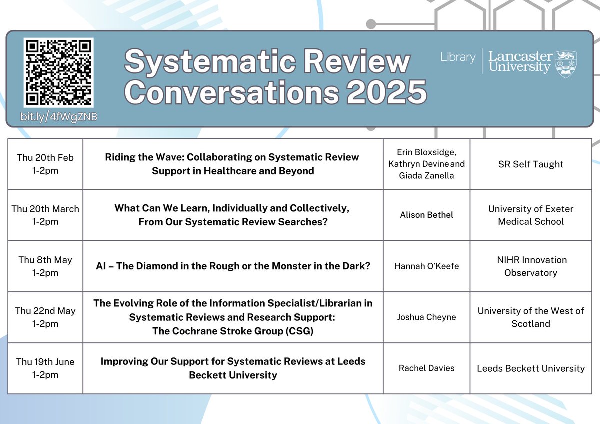 Lancaster University Library (@lancasterunilib) on Twitter photo 📣 Our 2025 programme of Systematic Review Conversations starts in February! These Sessions are open to anyone and will be delivered online via Teams.
 
Register here: lancaster-uk.libcal.com/calendar/libra… 📣 Our 2025 programme of Systematic Review Conversations starts in February! These Sessions are open to anyone and will be delivered online via Teams.
 
Register here: lancaster-uk.libcal.com/calendar/libra…