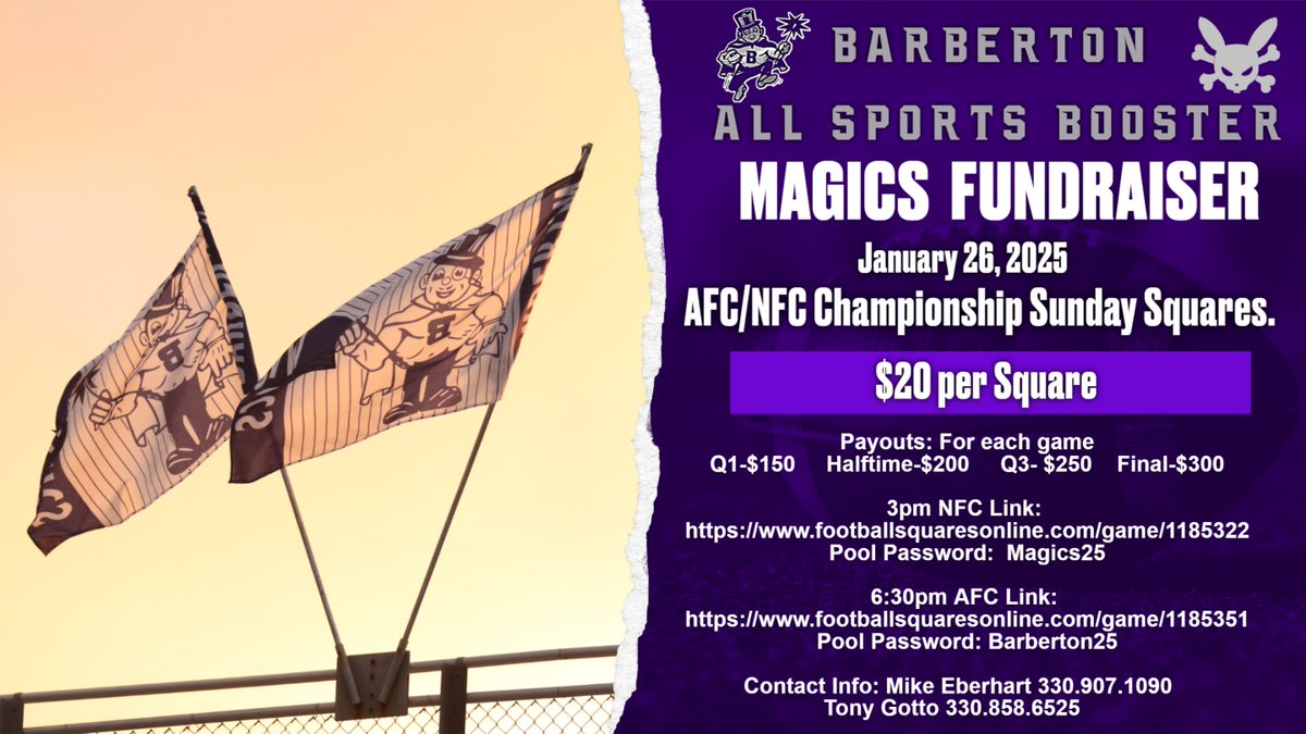 Barberton Football (@magicsfb) on Twitter photo Cost: $20 per square! WIN SOME MONEY
3pm NFC Link:  footballsquaresonline.com/game/1185322
Pool Password: Magics25
6:30pm AFC Link:  footballsquaresonline.com/game/1185351
Pool Password: Barberton25 Cost: $20 per square! WIN SOME MONEY
3pm NFC Link:  footballsquaresonline.com/game/1185322
Pool Password: Magics25
6:30pm AFC Link:  footballsquaresonline.com/game/1185351
Pool Password: Barberton25