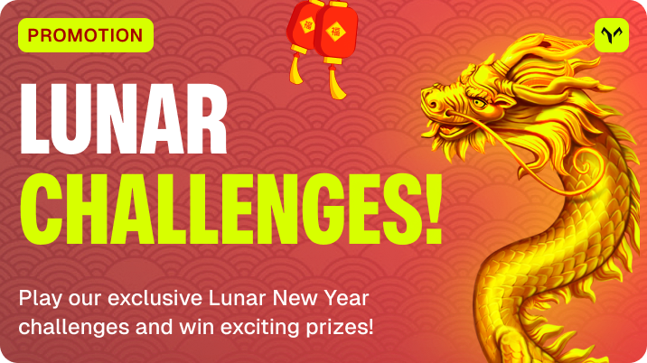 Ready to celebrate the Lunar New Year? 🏮🐉

Take part in the festivities with our Lunar Challenges!

Hit an 88x multiplier on 2 of the 5 selected games to win a juicy prize:
• Dragon tiger
• Dragon Hero
• 8 Golden Dragon Challenge
• Dragon King Hot Pots
• Floating Dragon