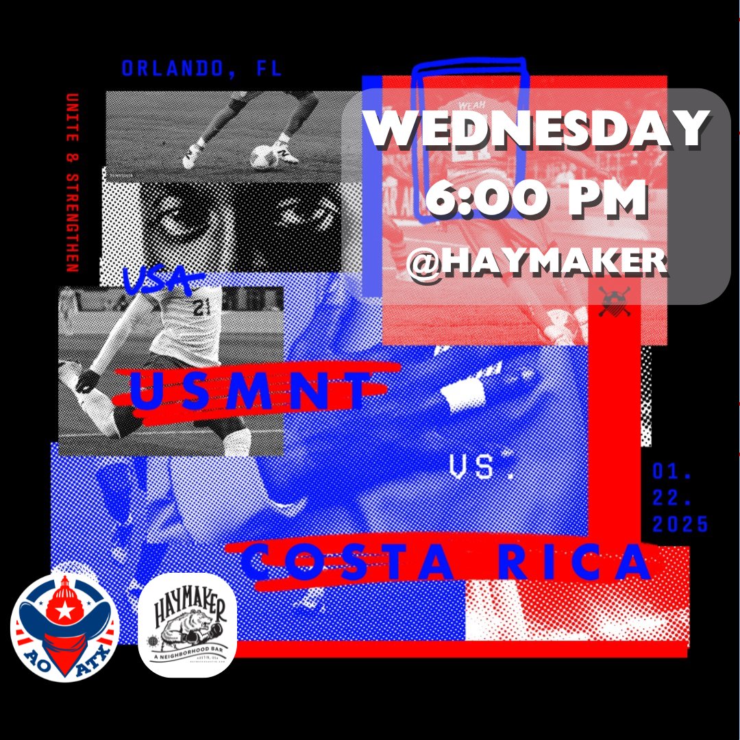🚨 AO Austin Watch Party Alert 🚨

The USMNT is back in action tonight against Costa Rica! 🇺🇸⚽
📍 <a href="/HaymakerAustin/">Haymaker</a> 
🗓️ Tonight
⏰ Kickoff at 6 PM

Midweek match? No problem! Join us at Haymaker to cheer on the red, white, and blue. Let’s keep the energy high and pack the house!