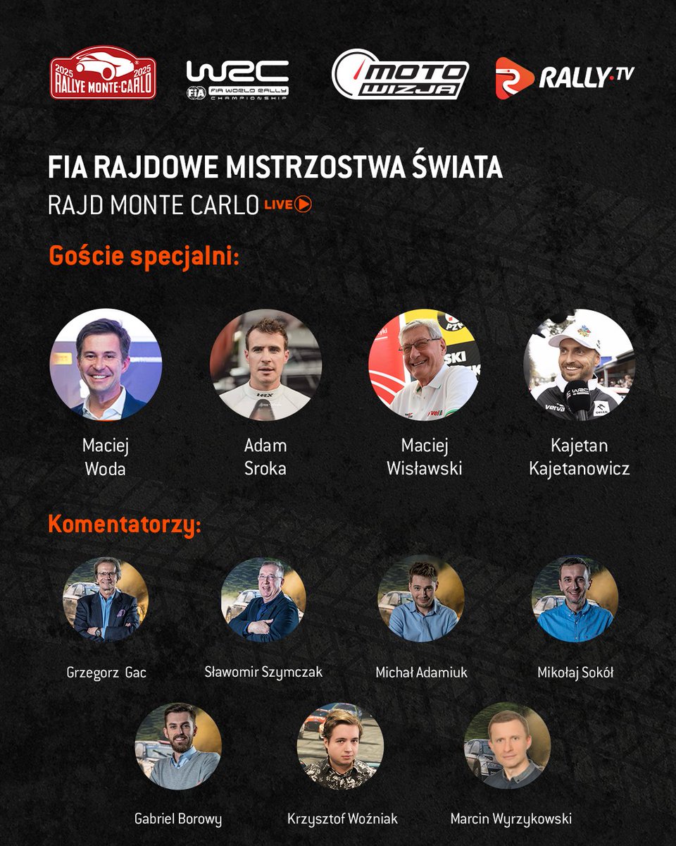 Motowizja's tweet photo. W takim doborowym towarzystwie będziemy spotykać się już od dzisiaj!

Podczas transmisji z Rajdu Monte Carlo do naszych komentatorów dołączą: Maciej Woda, Adam Sroka, Maciej Wisławski i Kajetan Kajetanowicz

#WRC #RallyeMonteCarlo #Motowizja https://t.co/aEaTug0gVA