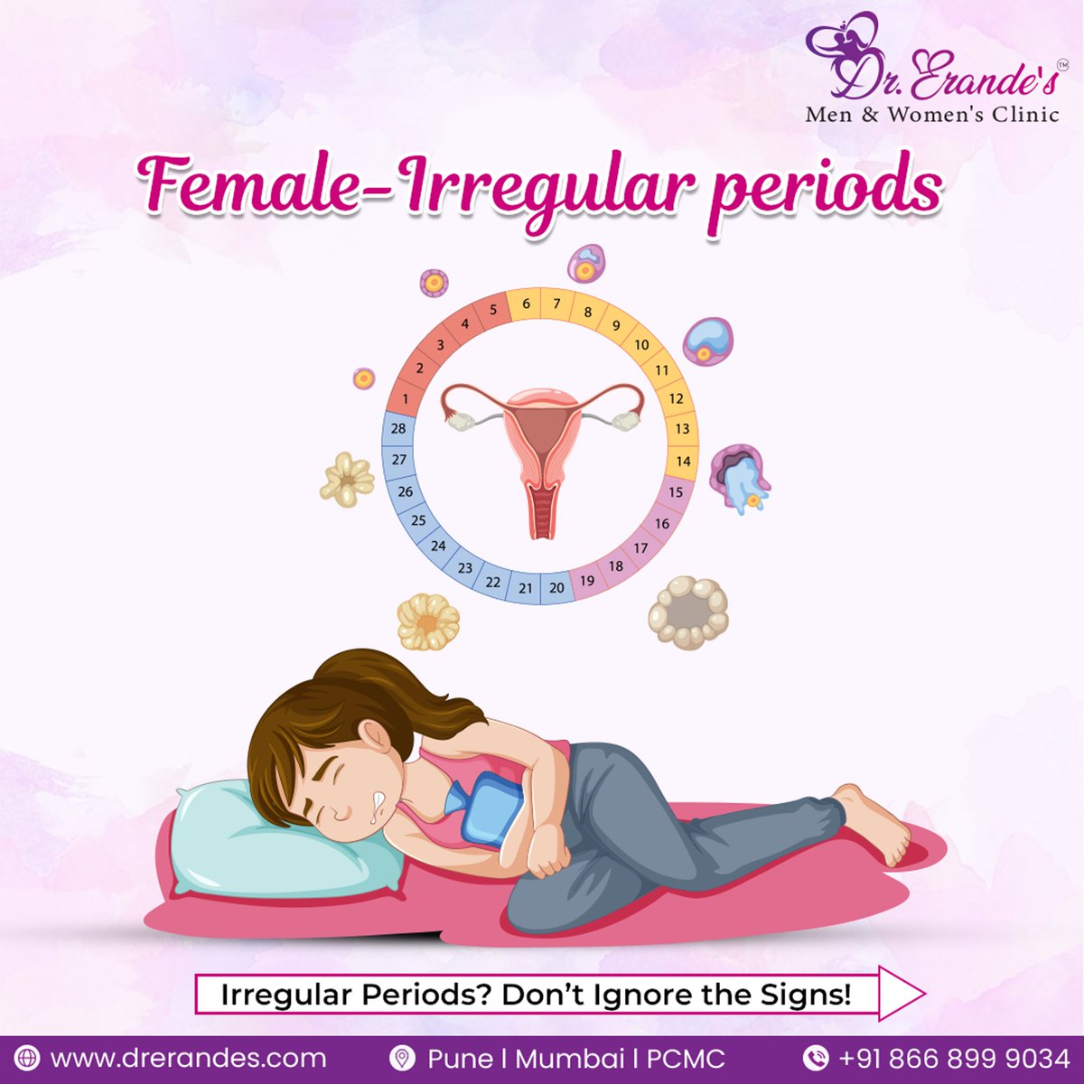 drerandes's tweet photo. Irregular periods troubling you? 🌸 

#IrregularPeriods #IrregularPeriodsReasones #IrregularPeriodstreatment #PeriodCycle #GirlsProblem #WomenProblem #WomenHealth #Moodchange #Moodswing #DrErandesMenAndWomenClinic #CareForWomen https://t.co/NAfmRIFopt