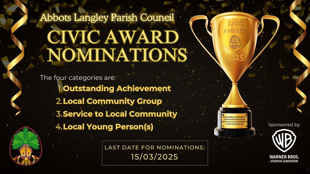 Nominate your local hero!
We're now inviting nominations for the 2025 Abbots Langley Parish Council Civic Awards. bit.ly/3WnxgEA #AbbotsLangley