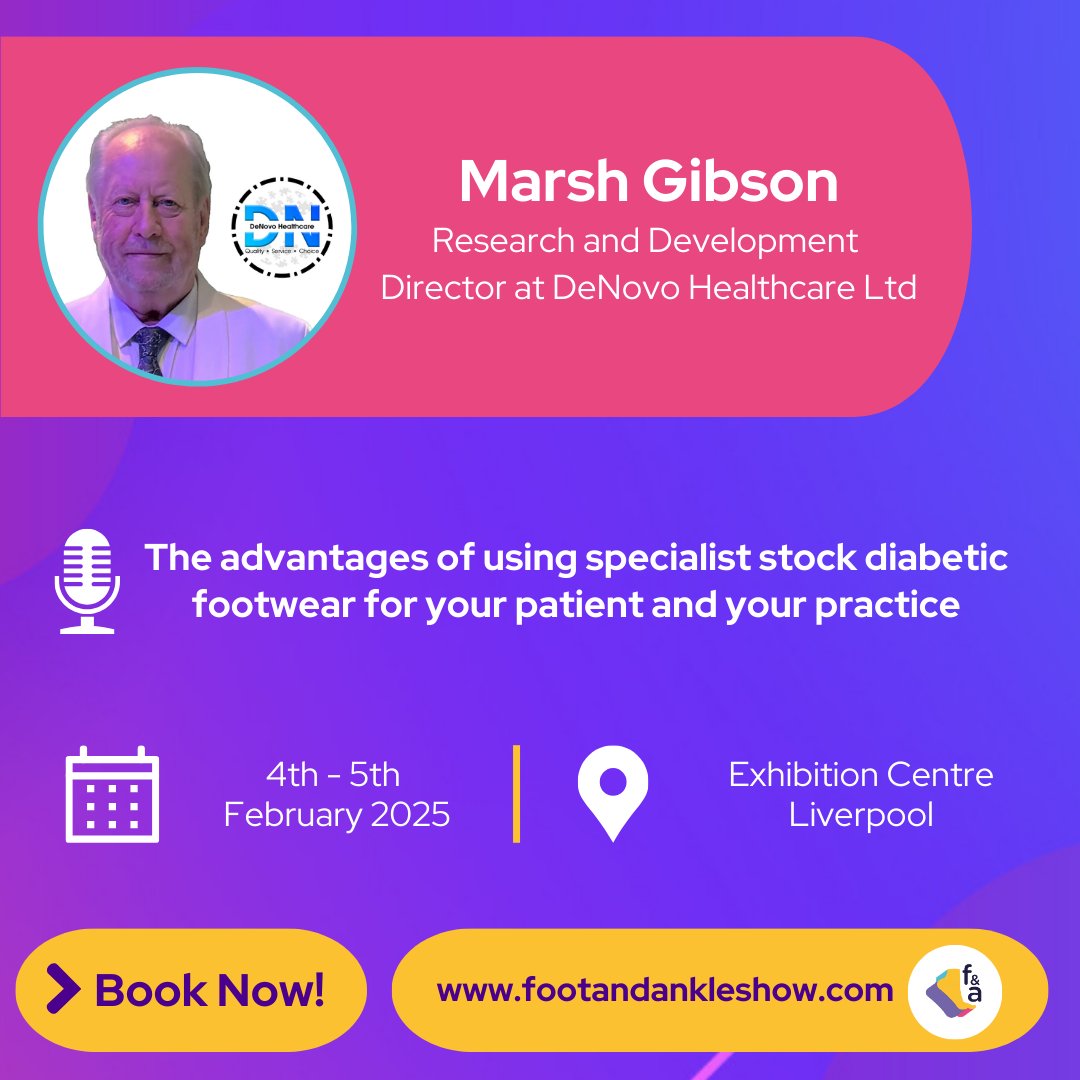 Excited to announce Marsh Gibson of DeNovo Healthcare Ltd will host a workshop at #FAShow2025!

👞 Explore:
Materials &amp; construction.
Measuring for diabetic footwear.
Cost-effective, low-risk clinic solutions.

📅 4–5 Feb 2025
🎟 footandankleshow.com