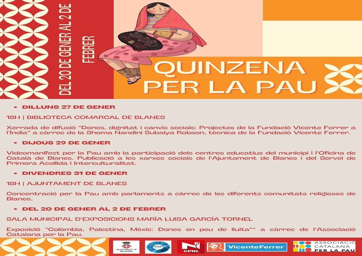 Notícia: Blanes comença a celebrar #QuinzenaperlaPau centrada en les dones lluitadores, amb una exposició També es farà una xerrada a @BiblioBlanes un vídeo-manifest i el 31 de gener #concentracióperlapau amb les diferents comunitats religioses de Blanes 

blanes.cat/docweb/2025-01…