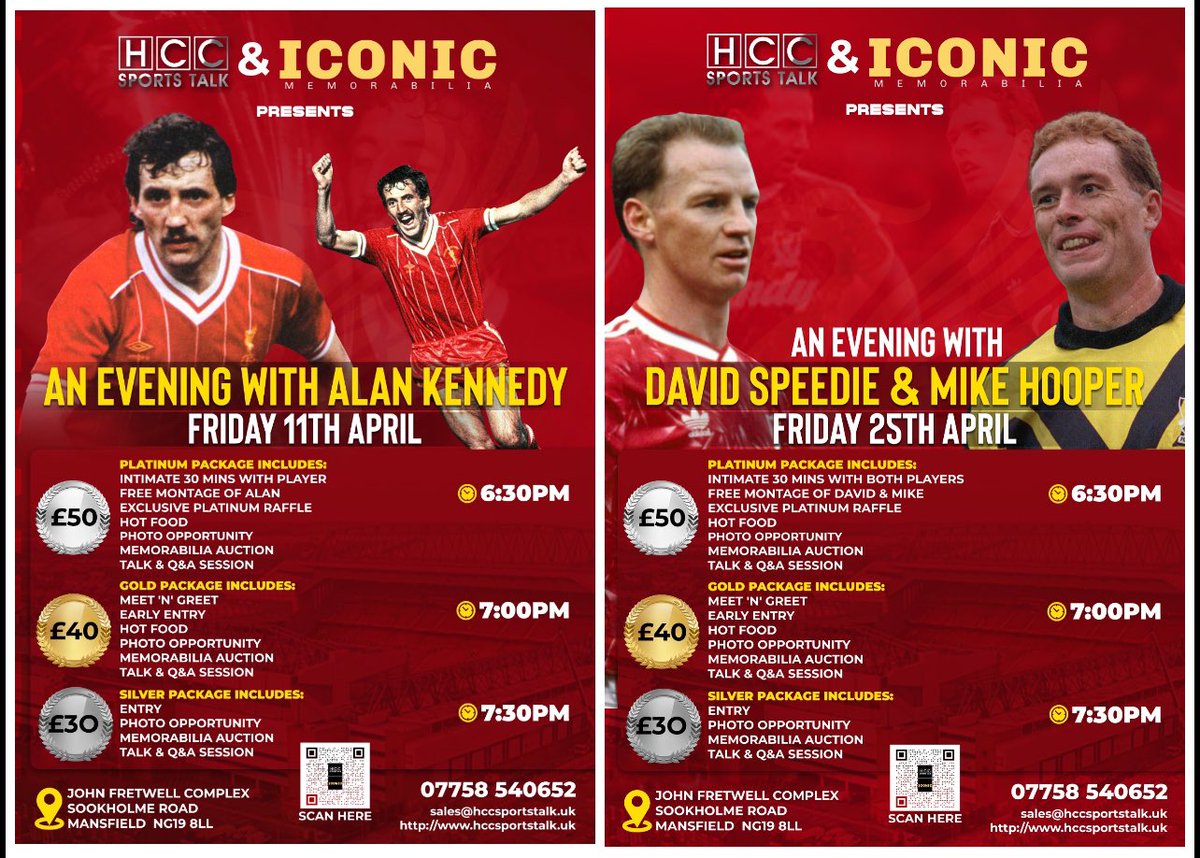 We are absolutely thrilled to announce our next 2 events. 

First on Friday 11th April, an evening with 2 time European Cup winning goalscorer Alan Kennedy and on Friday 25th April, cult Liverpool players David Speedie &amp; Mike Hooper. 

Tickets are now on sale!!